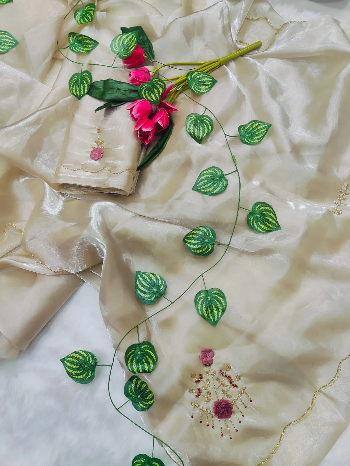 Premium Cut dana Handwork Saree with Lotus work - Image 5