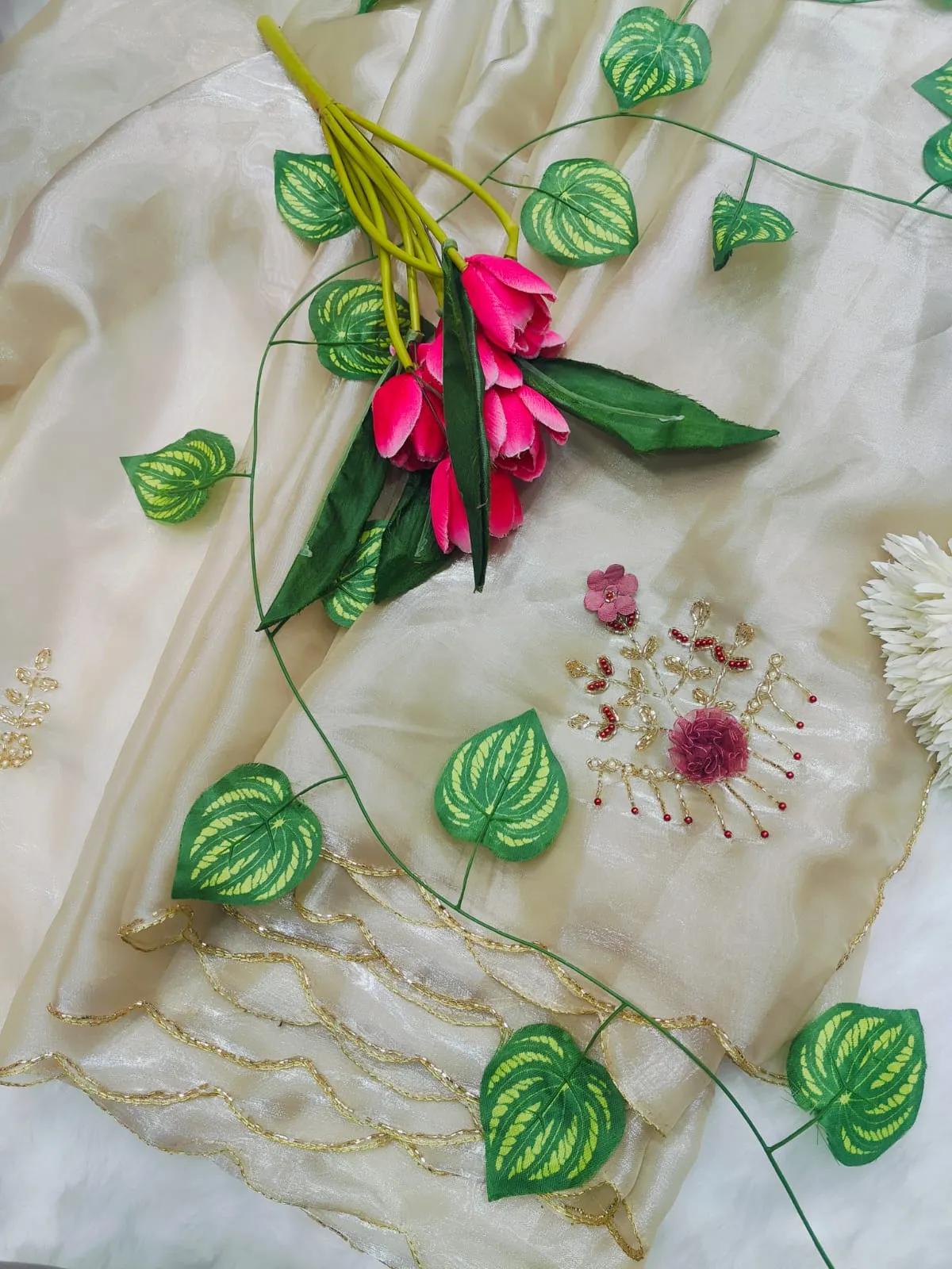 Premium Cut dana Handwork Saree with Lotus work - Image 6