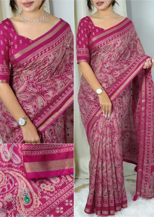 Rani Color Ajrakh Printed Cotton Saree