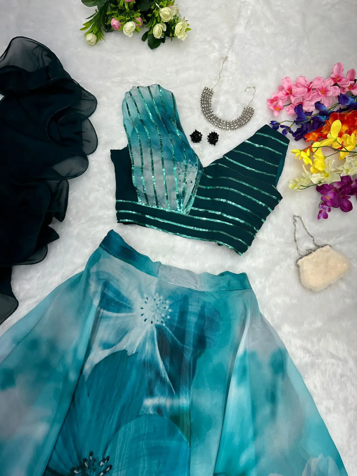 Readymade Fancy Blouse with Blue Floral Lehenga - Image 2