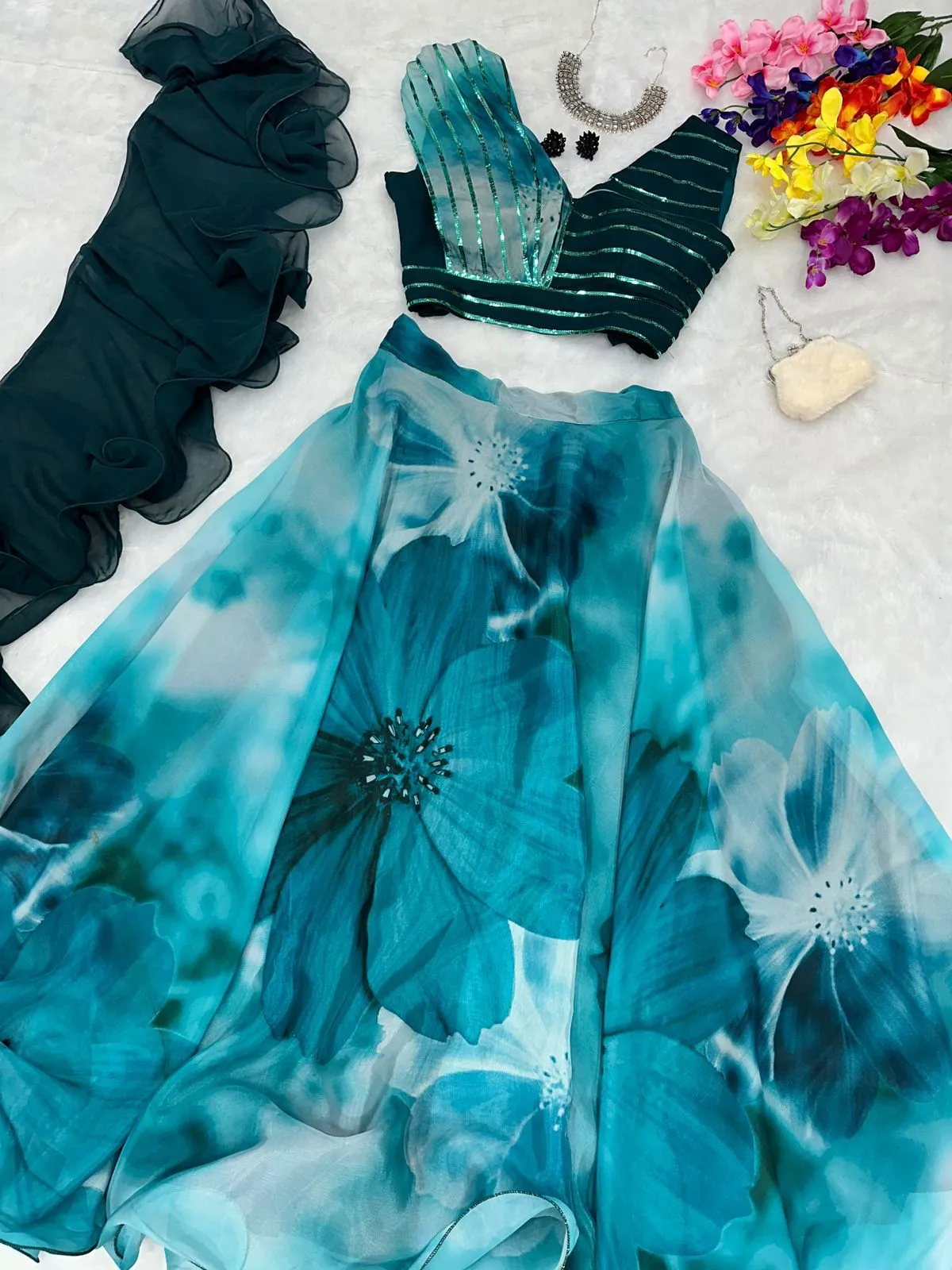 Readymade Fancy Blouse with Blue Floral Lehenga - Image 3