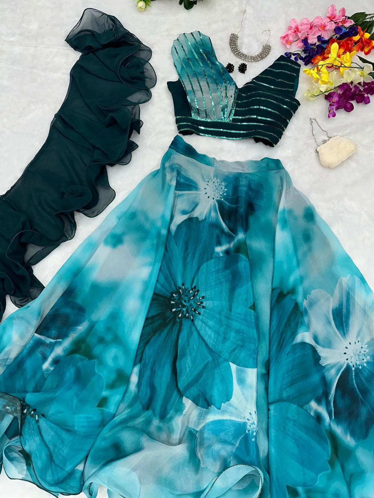 Readymade Fancy Blouse with Blue Floral Lehenga - Image 4