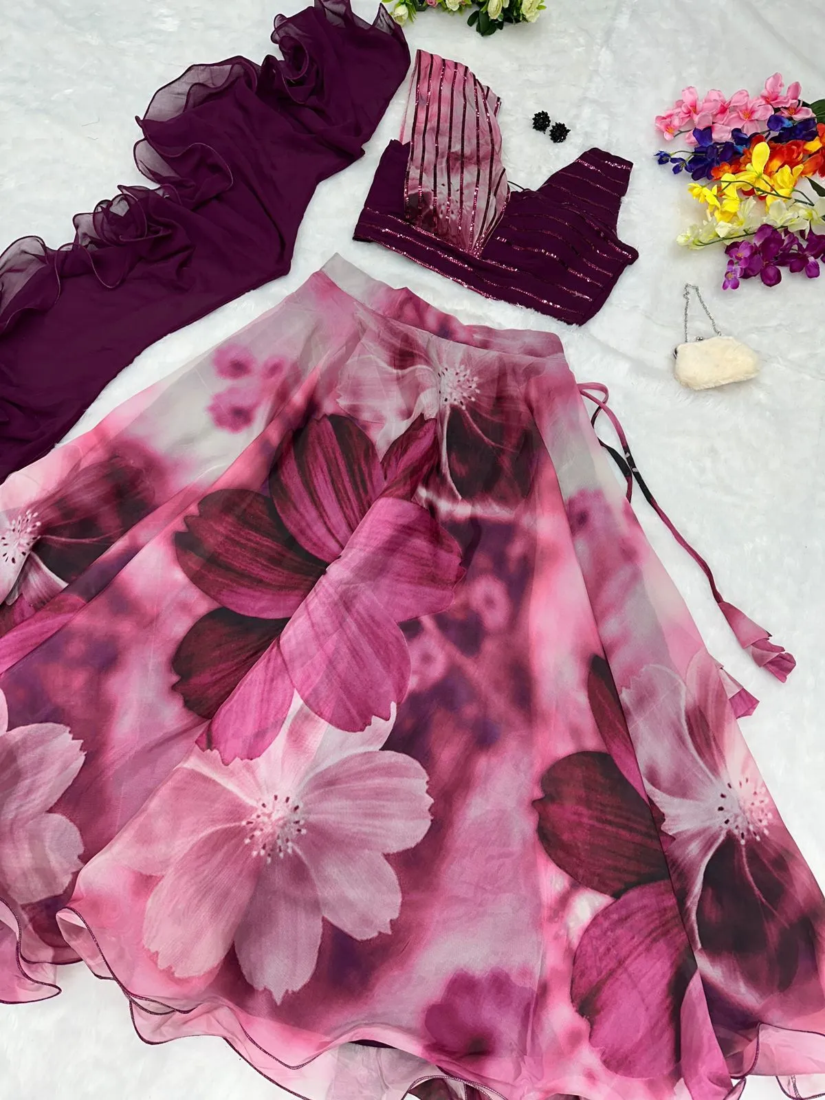 Readymade Fancy Blouse with Purple Floral Lehenga - Image 2