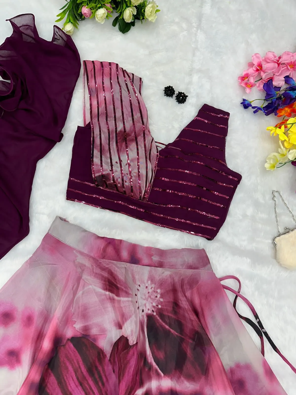 Readymade Fancy Blouse with Purple Floral Lehenga - Image 3