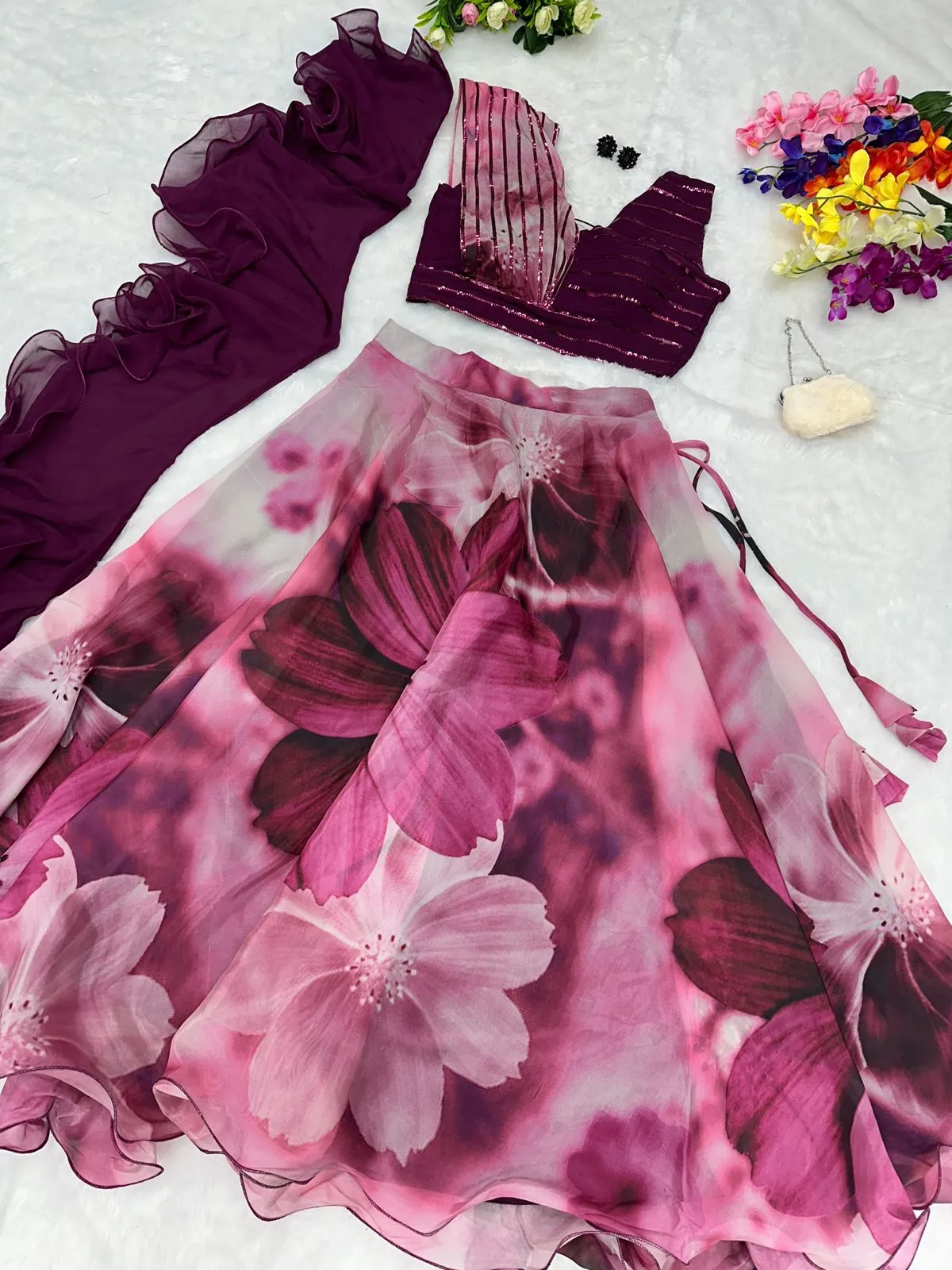 Readymade Fancy Blouse with Purple Floral Lehenga - Image 4