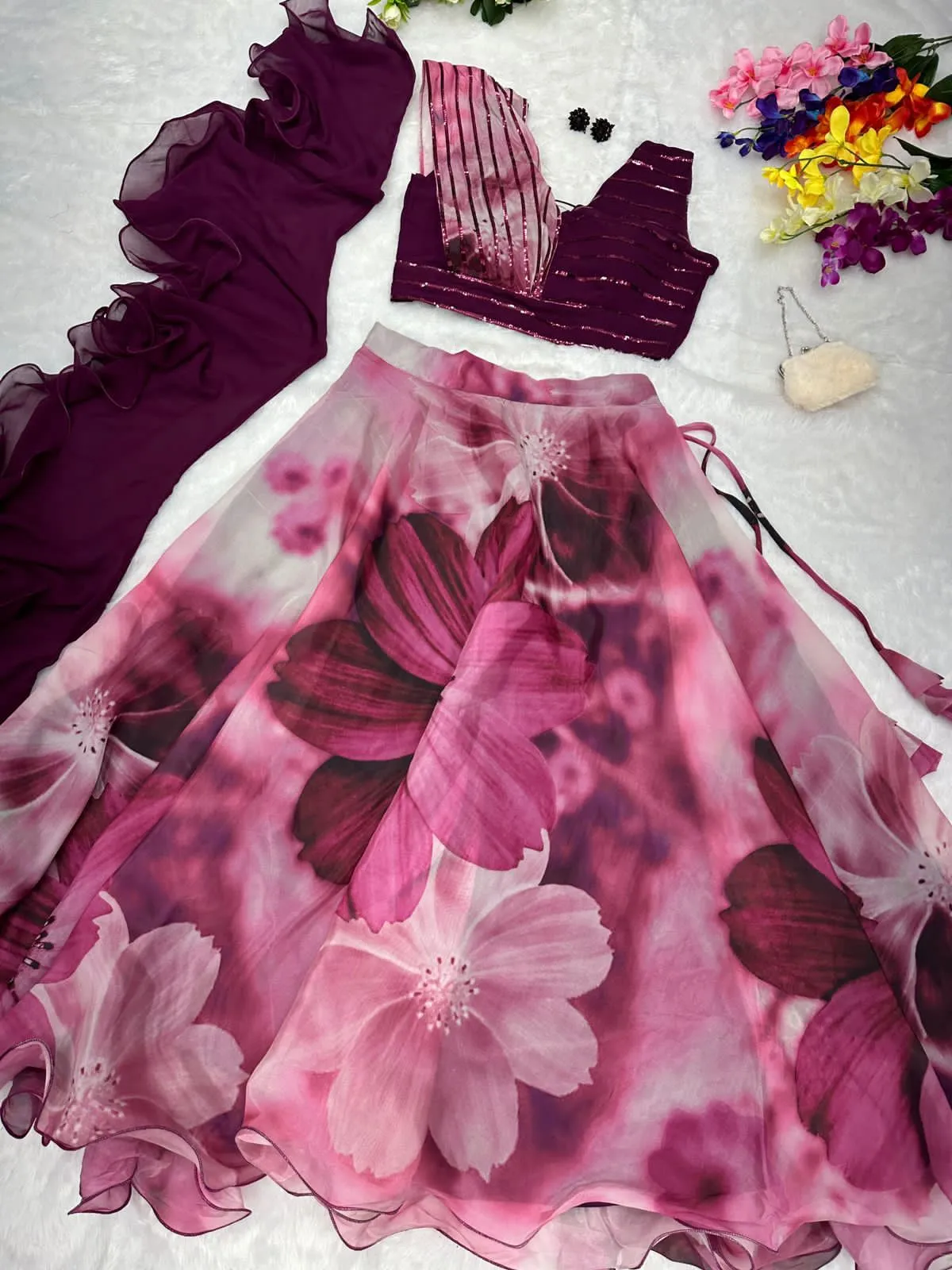 Readymade Fancy Blouse with Purple Floral Lehenga - Image 5