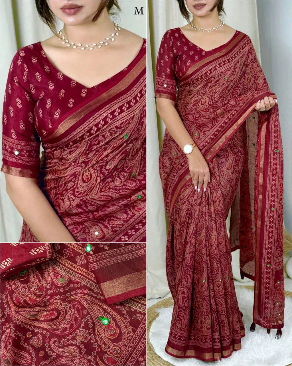 Red Color Ajrakh Printed Saree