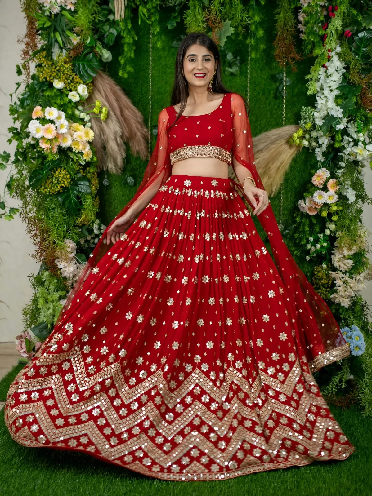 Red Sequins Embroidered Lehenga with Designer Blouse - Image 2