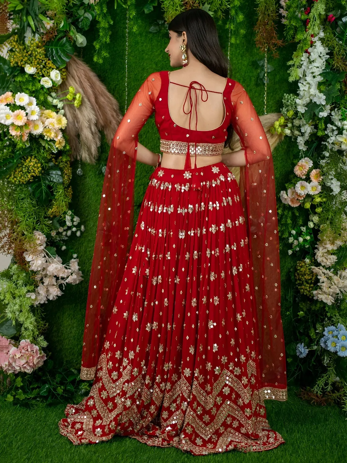 Red Sequins Embroidered Lehenga with Designer Blouse - Image 3