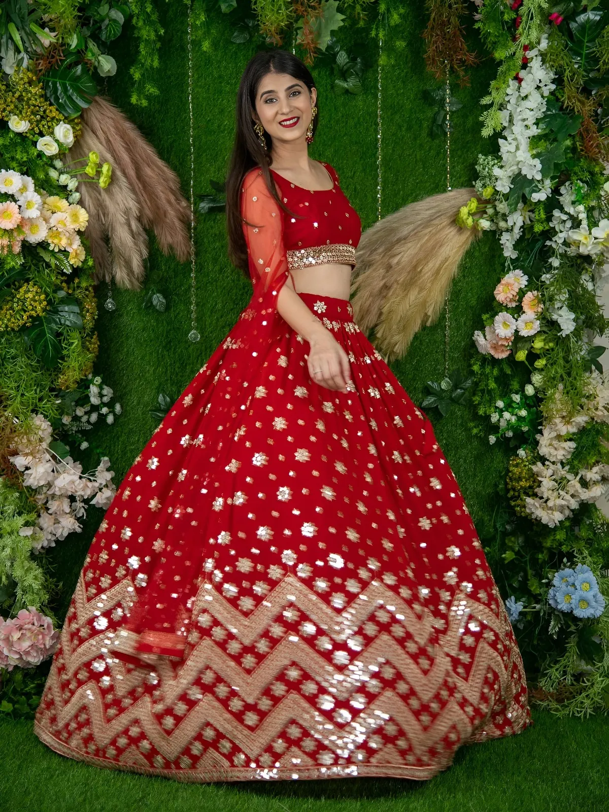 Red Sequins Embroidered Lehenga with Designer Blouse - Image 4