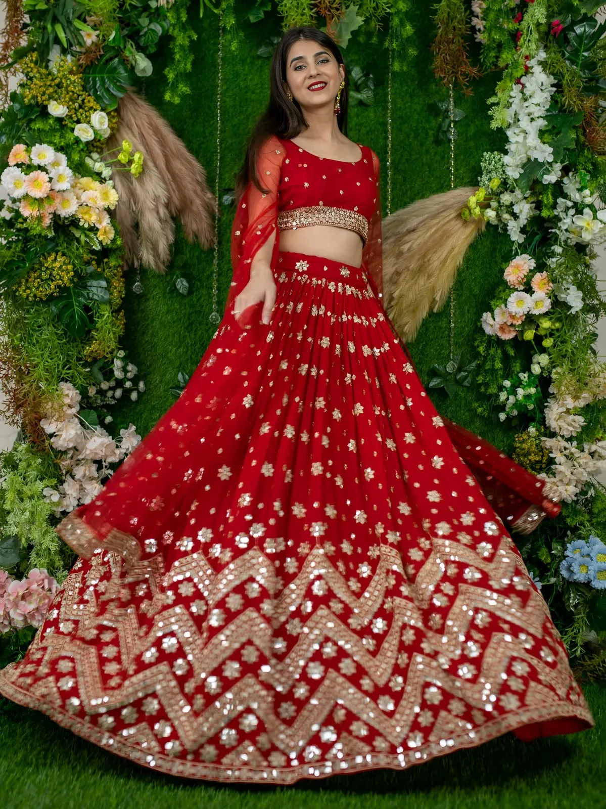 Red Sequins Embroidered Lehenga with Designer Blouse - Image 5