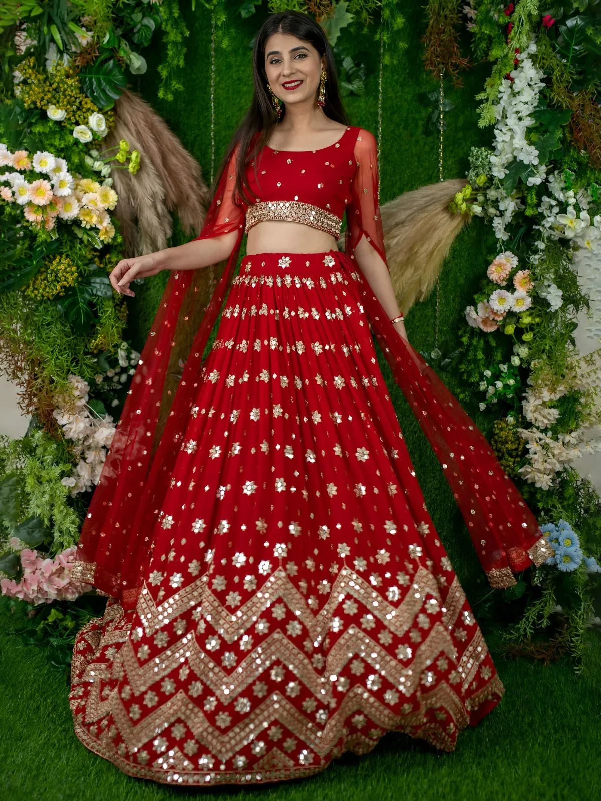 Red Sequins Embroidered Lehenga with Designer Blouse - Image 6