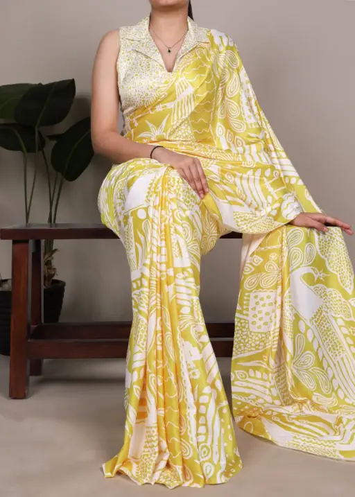 Yellow Satin Printed Sarees