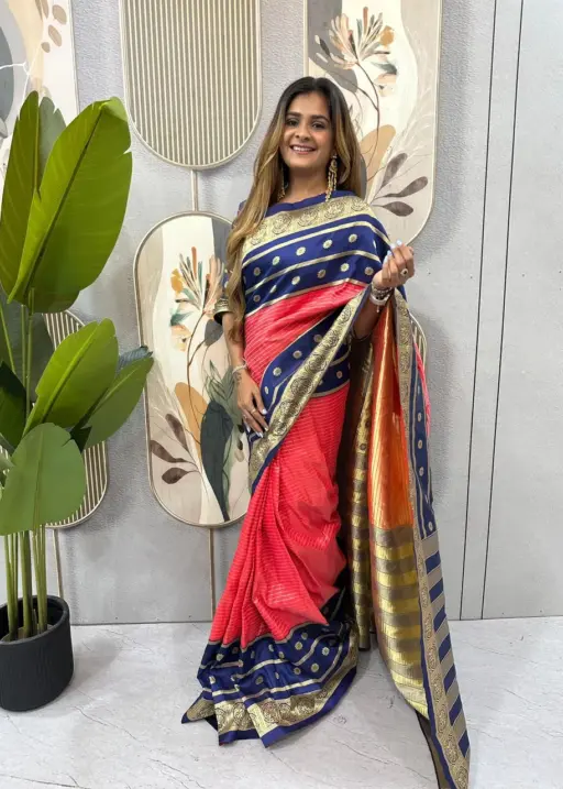 Zip and Go Saree for Wedding Blue Orange Mysore Silk Jacquard
