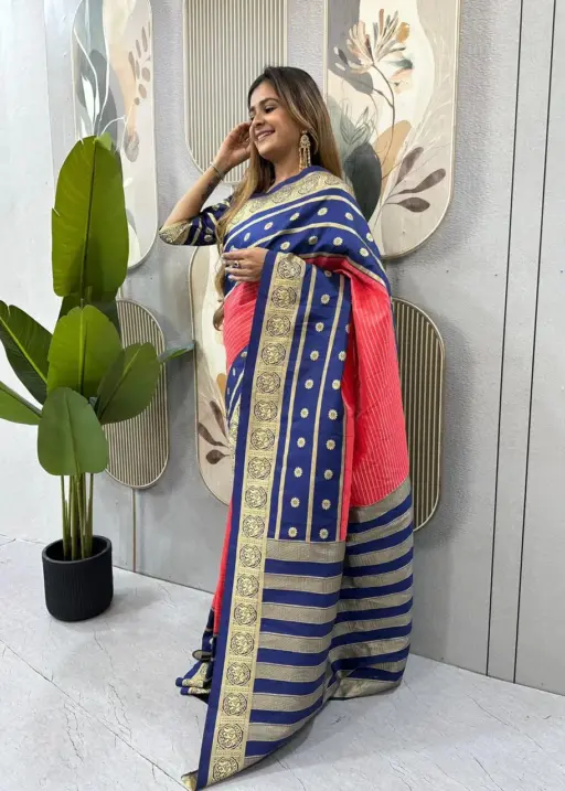 Zip and Go Saree for Wedding Blue Orange Mysore Silk Jacquard