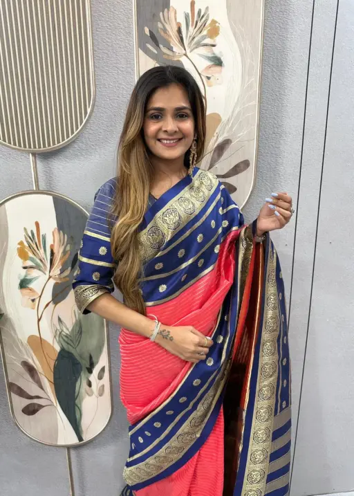 Zip and Go Saree for Wedding Blue Orange Mysore Silk Jacquard