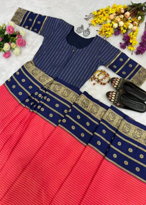 Zip and Go Saree for Wedding Blue Orange Mysore Silk Jacquard