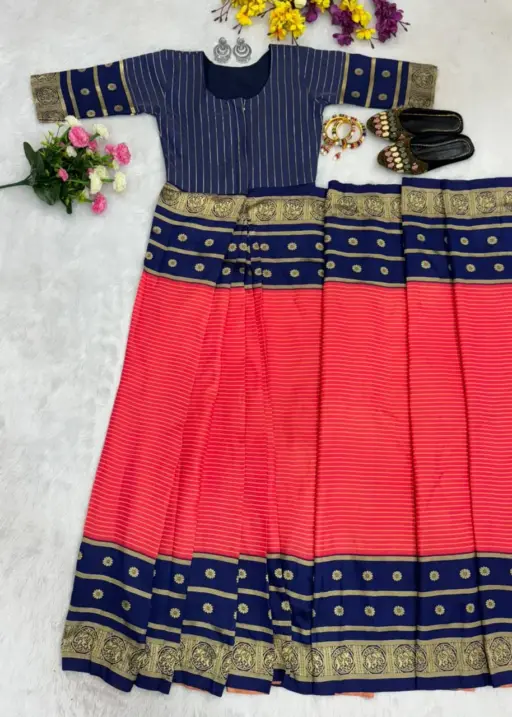 Zip and Go Saree for Wedding Blue Orange Mysore Silk Jacquard