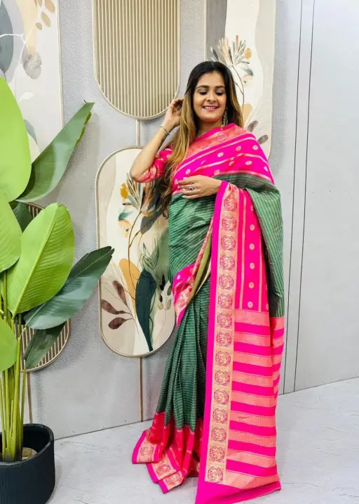 Zip and Go Saree for Wedding Green Pink Mysore Silk Jacquard