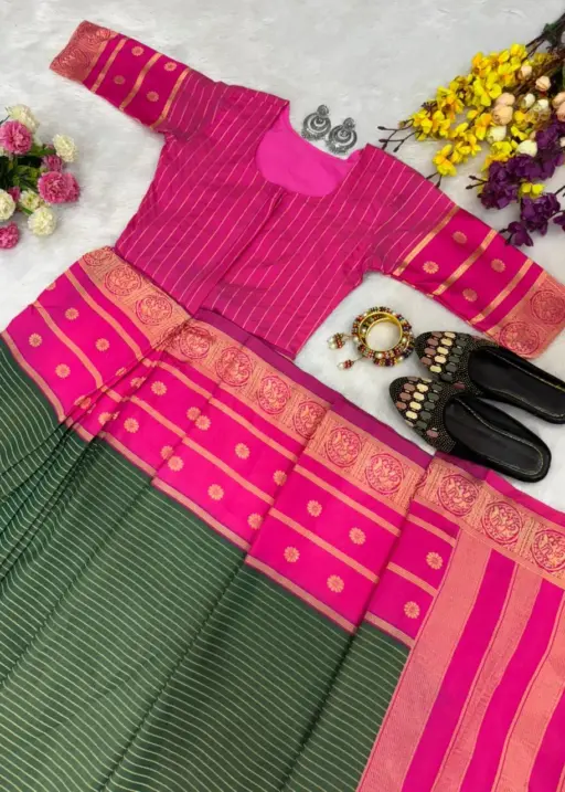Zip and Go Saree for Wedding Green Pink Mysore Silk Jacquard