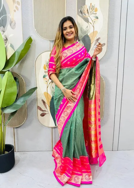 Zip and Go Saree for Wedding Green Pink Mysore Silk Jacquard