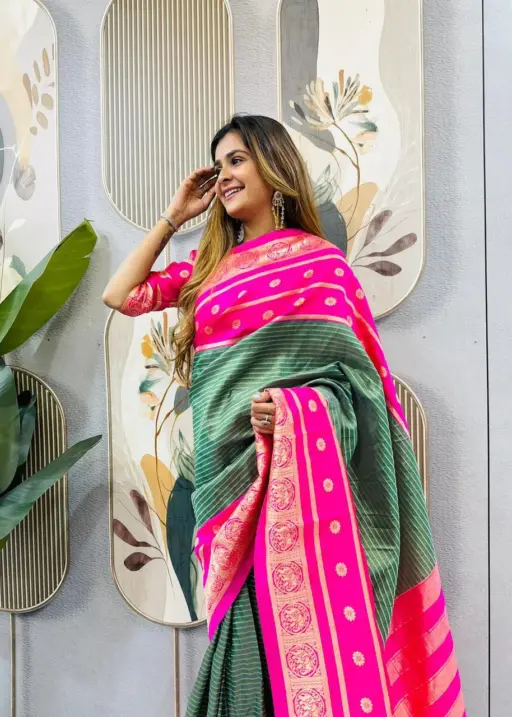 Zip and Go Saree for Wedding Green Pink Mysore Silk Jacquard