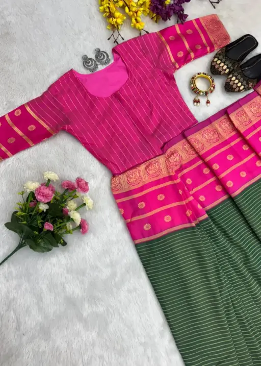 Zip and Go Saree for Wedding Green Pink Mysore Silk Jacquard