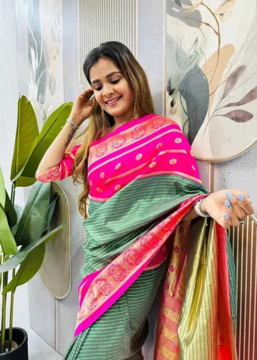 Zip and Go Saree for Wedding Green Pink Mysore Silk Jacquard