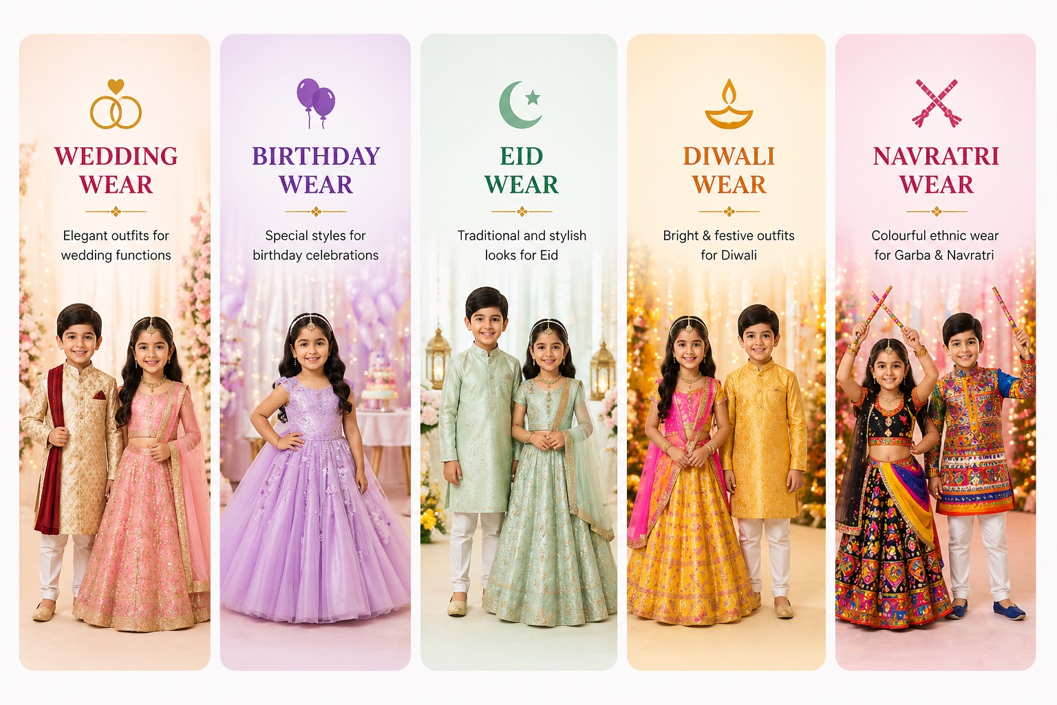 Kids Wear Occasion Banner featuring Wedding Wear, Birthday Wear, Eid Wear, Diwali Wear and Navratri Wear ethnic outfits for boys and girls in India