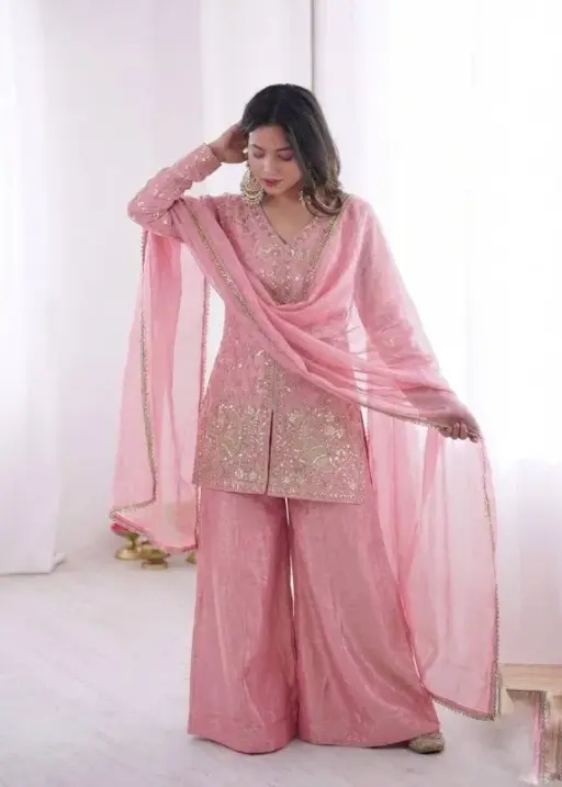 Baby Pink Peacock Embroidery Plazzo Salwar Suit for Wedding