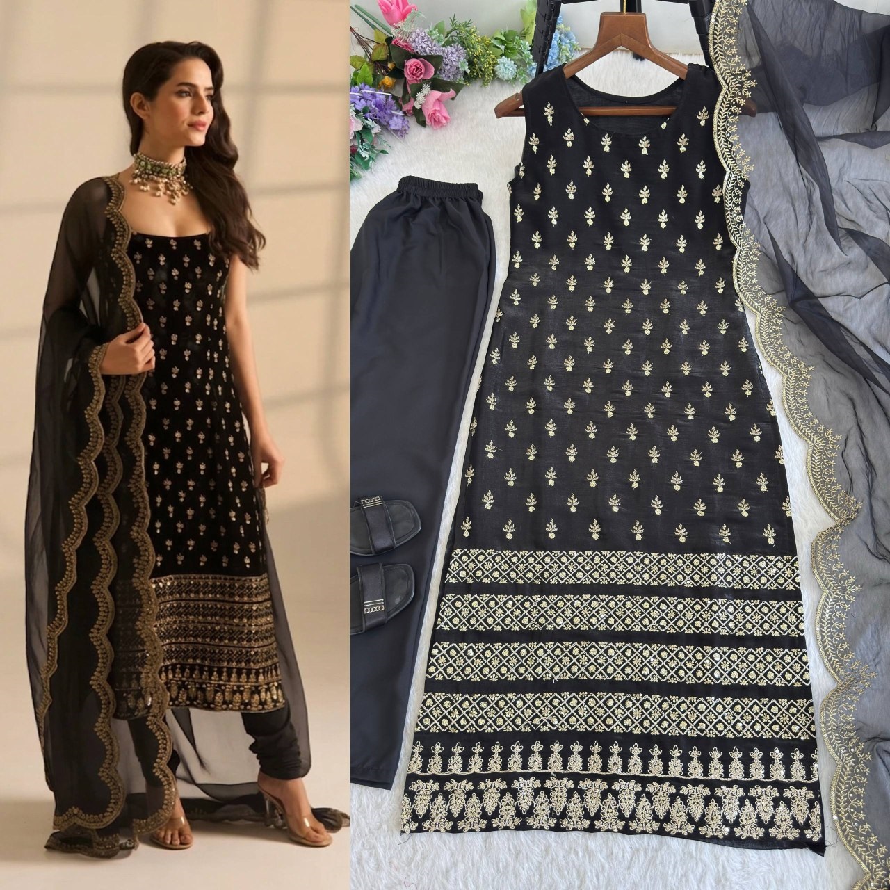 Black Sleeveless 3 Piece Kurti Set for Pooja Function - Image 3