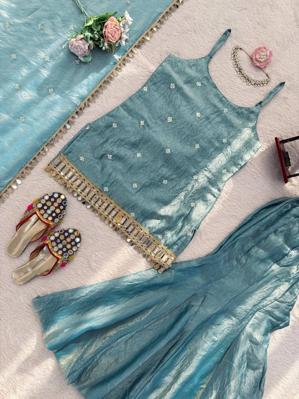 Blue Sleeveless Mirror Kurti Set - Image 3