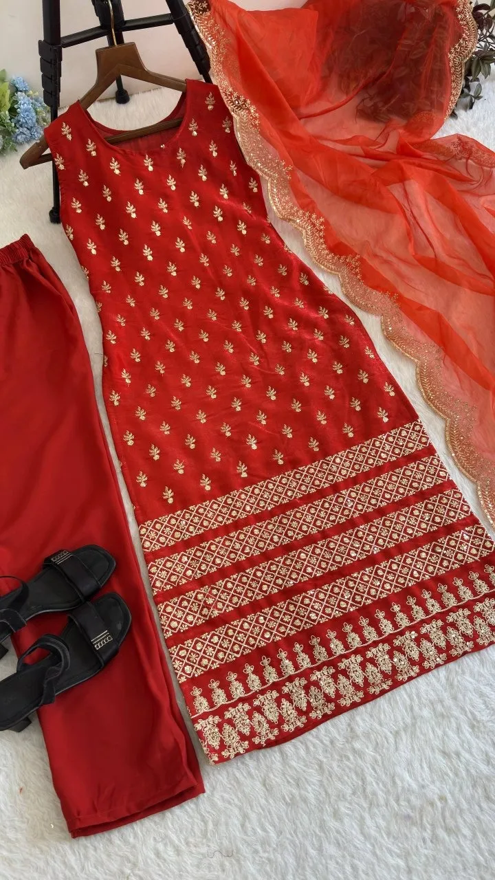 Orange 3 Piece Kurti Set for Pooja Function - Image 2