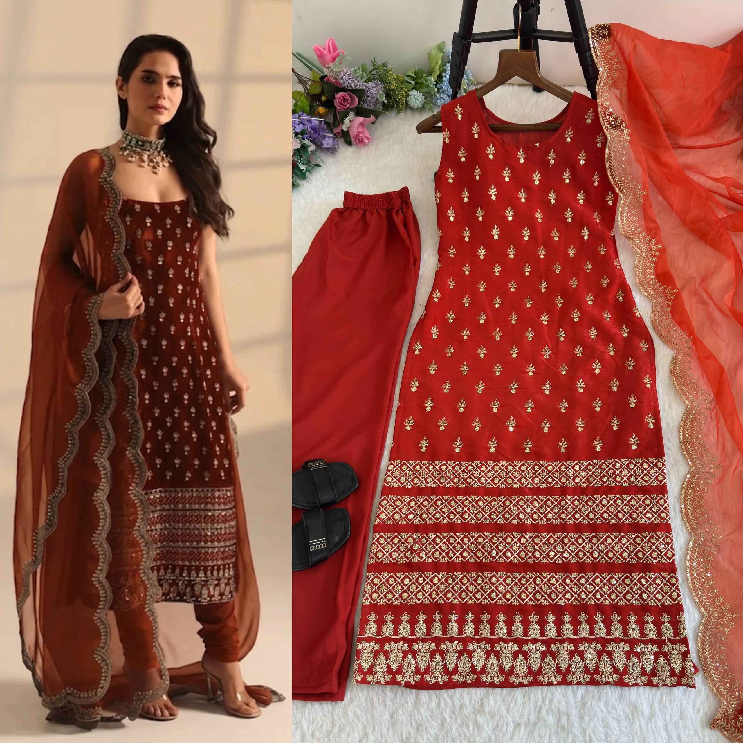 Orange 3 Piece Kurti Set for Pooja Function - Image 4