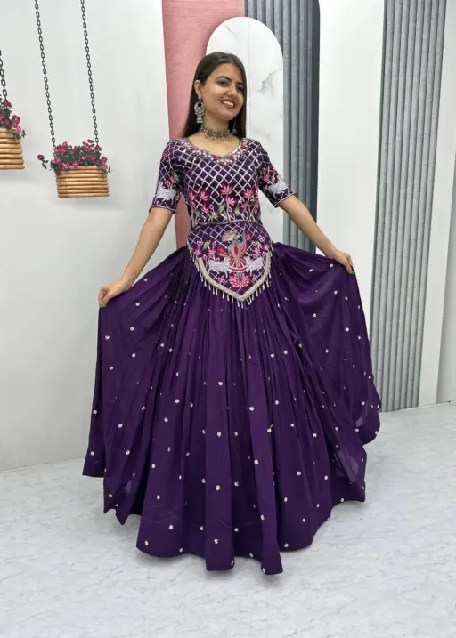 Purple Color Long Blouse with Lehenga for Wedding
