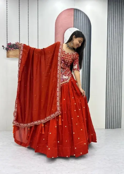 Rust Color Long Blouse with Lehenga for Wedding