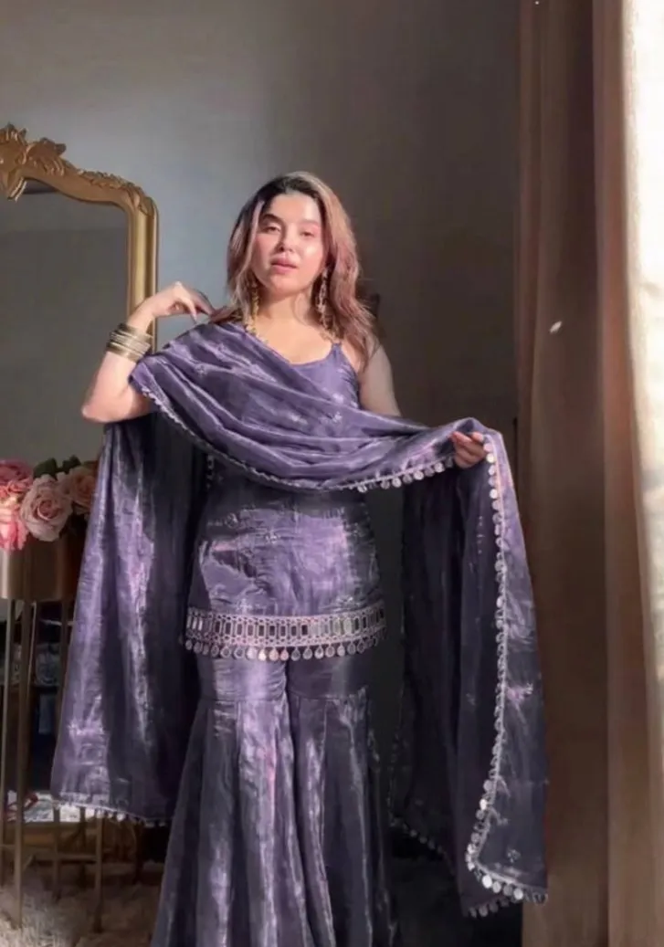 Purple Sleeveless Mirror Kurta Set