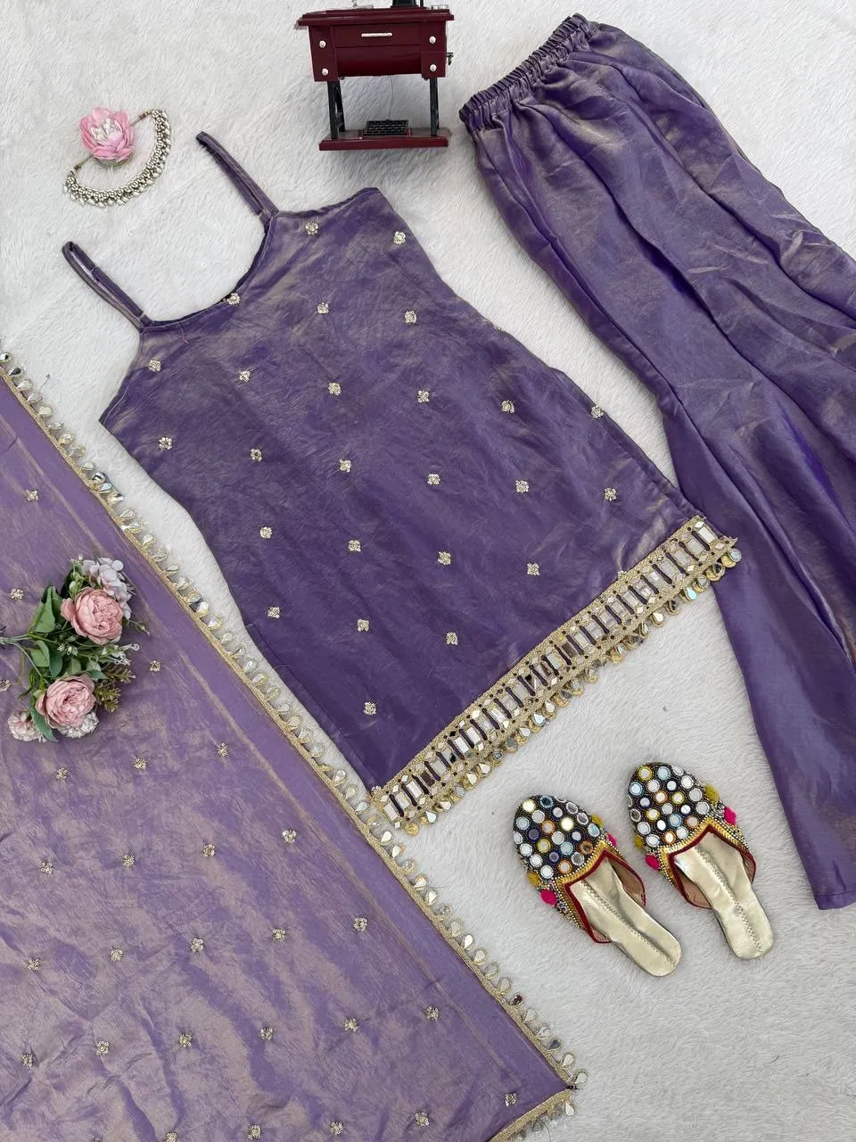 Purple Sleeveless Mirror Kurta Set - Image 3