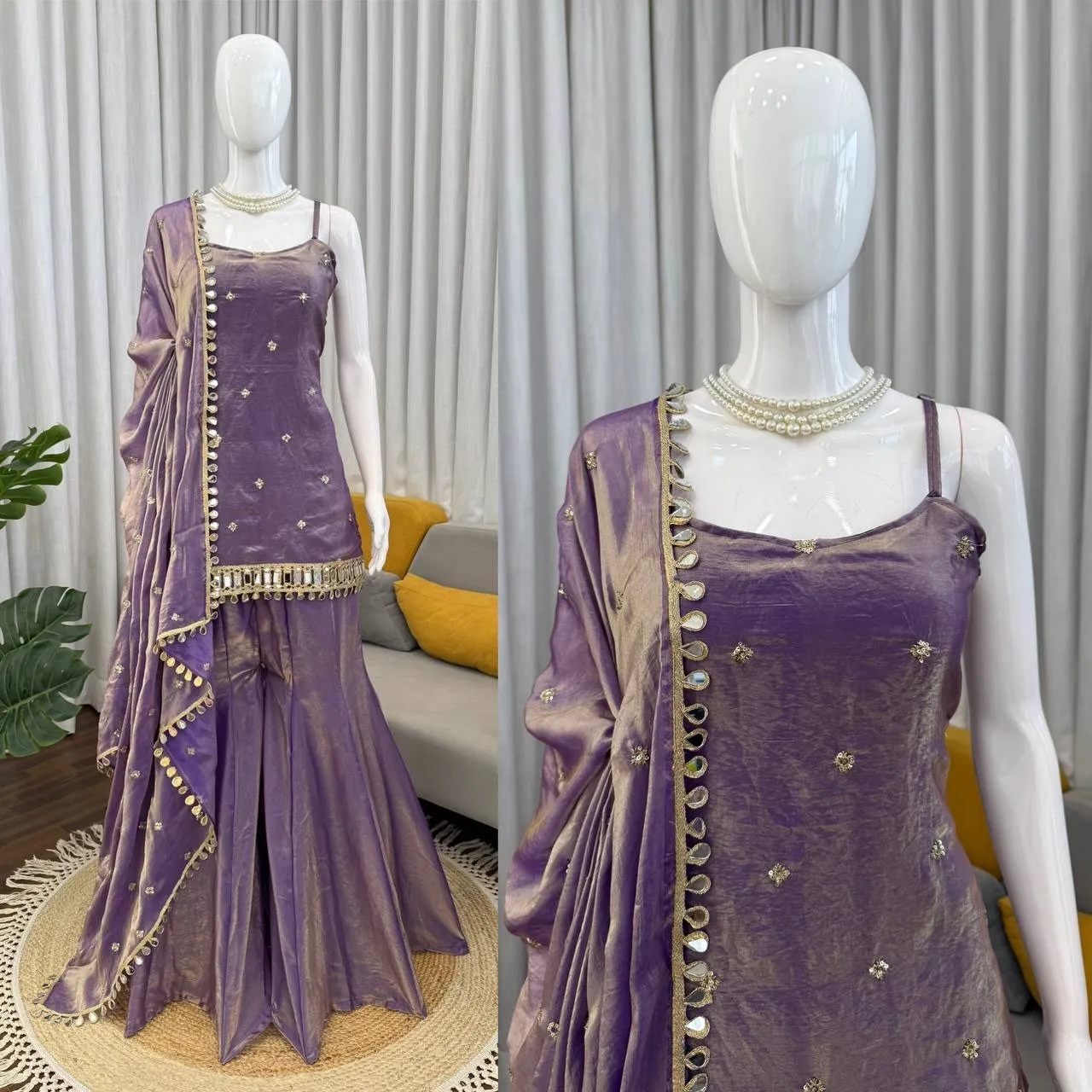 Purple Sleeveless Mirror Kurta Set - Image 4
