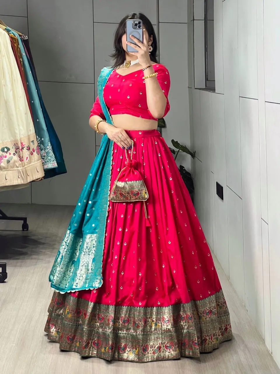 Red Paithani Silk Lehenga for Festive - Image 4