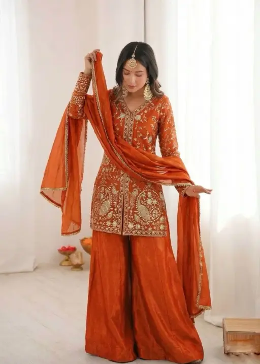 Rust Color Peacock Embroidery Plazzo Salwar Suit for Wedding
