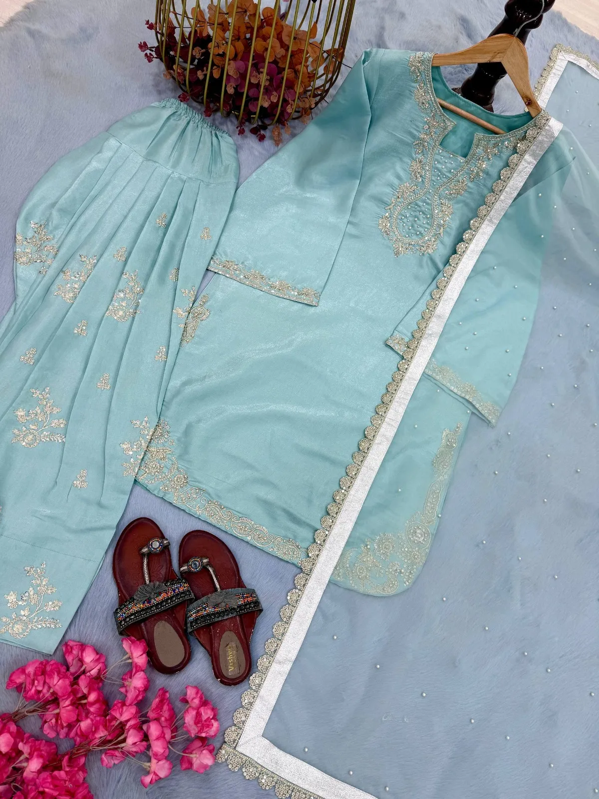 Sky Blue Pakistani Farsi Salwar Suit - Image 3