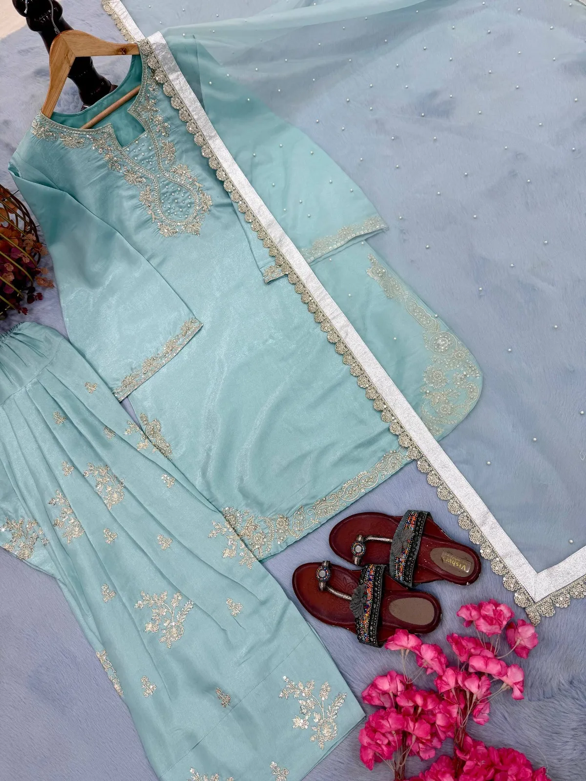 Sky Blue Pakistani Farsi Salwar Suit - Image 4