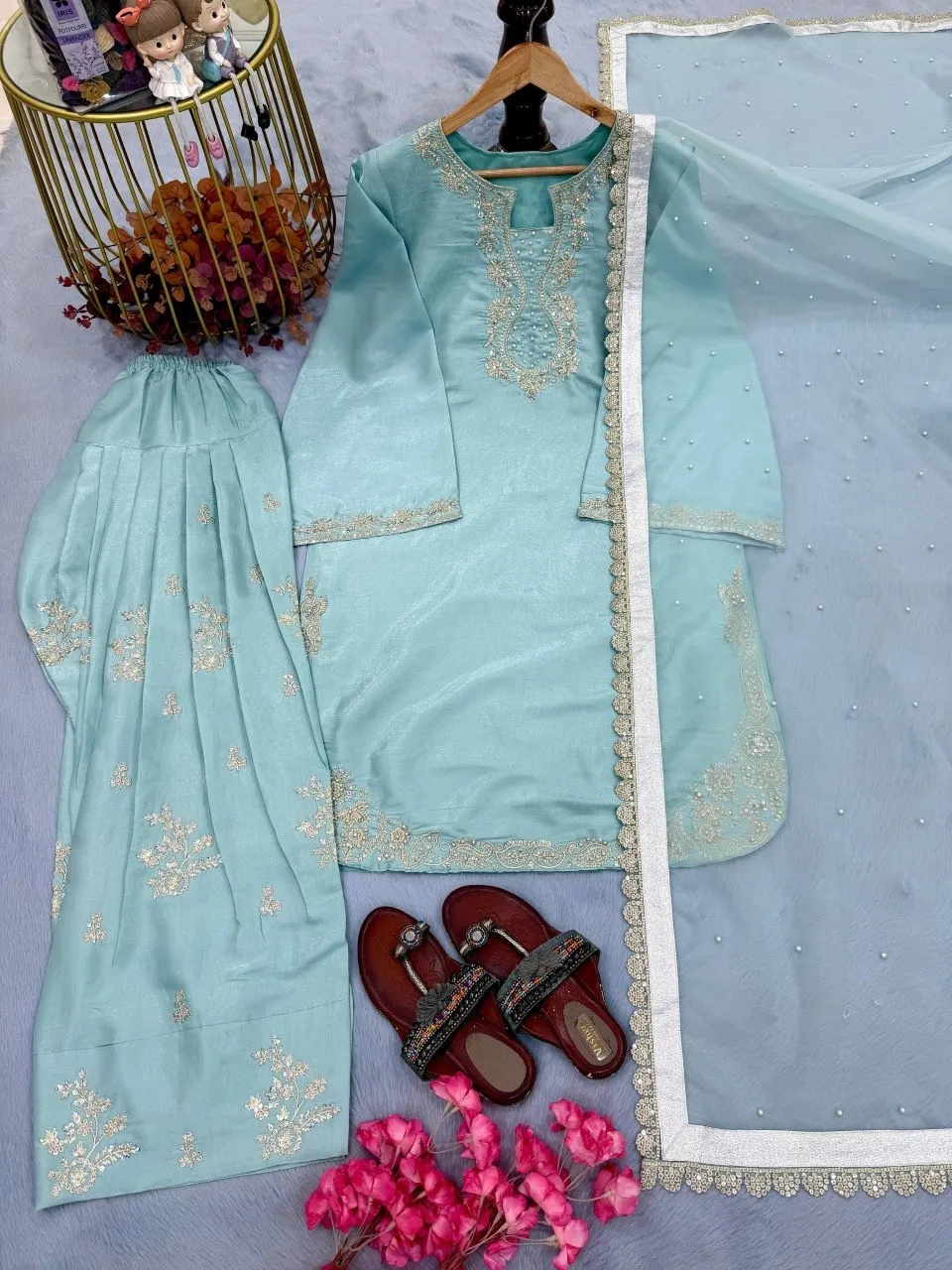 Sky Blue Pakistani Farsi Salwar Suit - Image 5