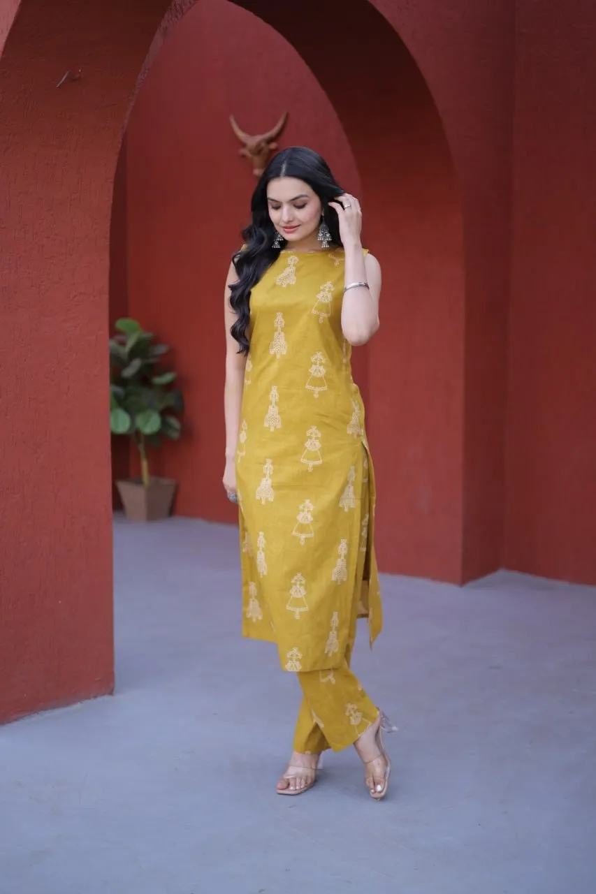 Summer Wear Cotton Printed Sleeveless Kurti Set