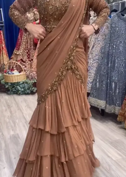 Trending Brown Lehenga Saree for Girls ready to wear ruffle pattern georgette party wear designer lehenga saree with embroidered blouse