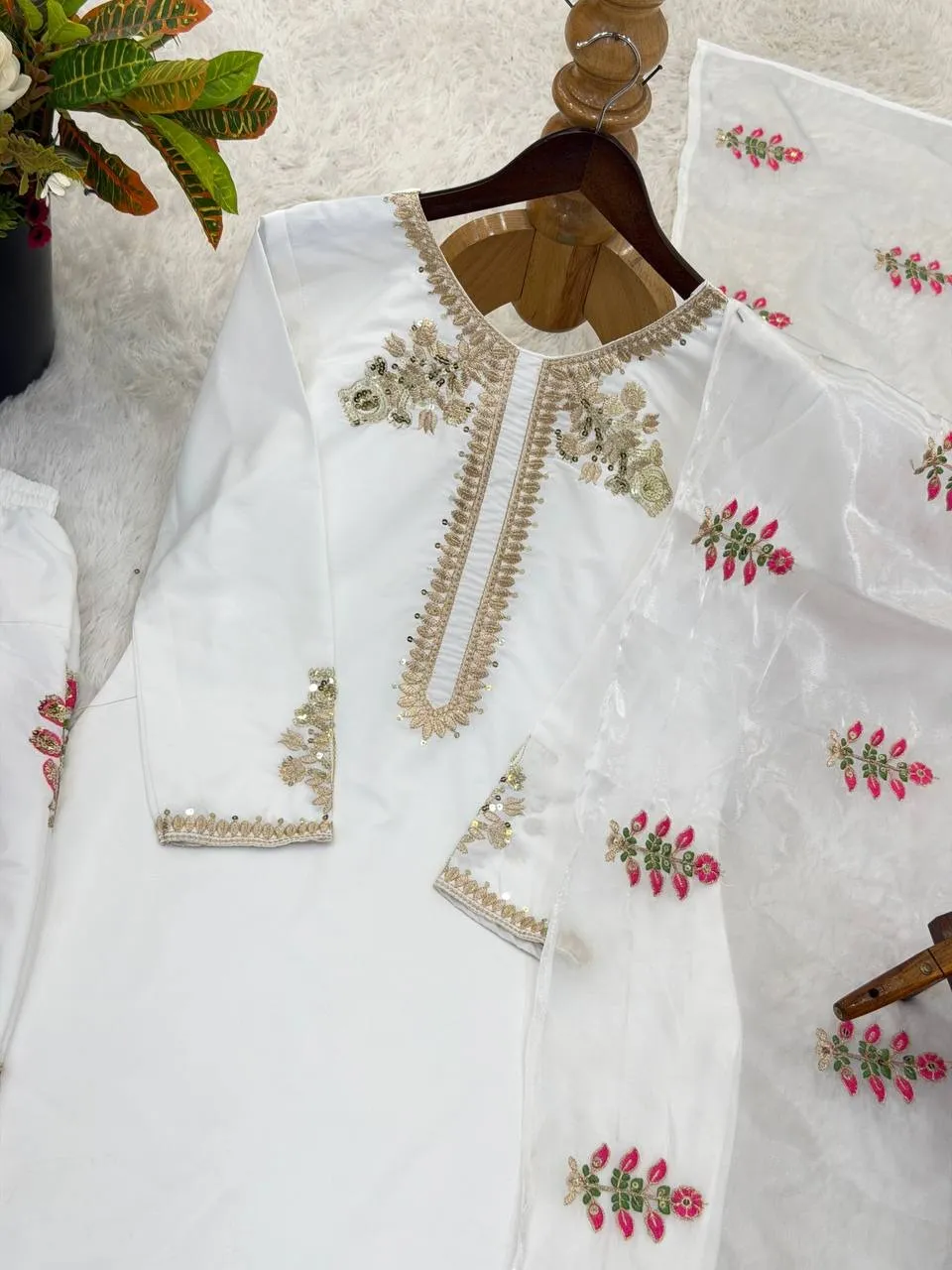 White Farsi Salwar Suit with Multi Color Embroidery - Image 2