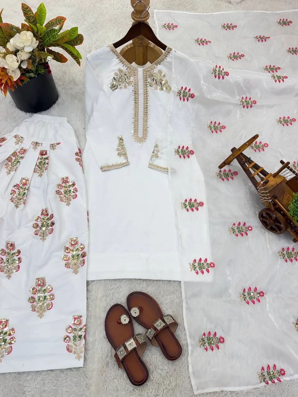 White Farsi Salwar Suit with Multi Color Embroidery - Image 3