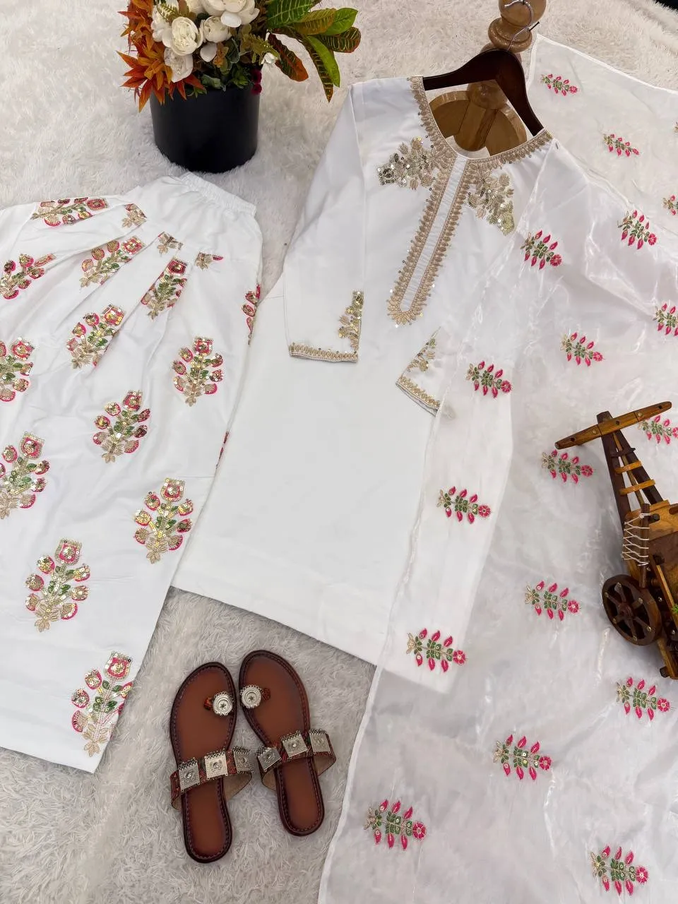 White Farsi Salwar Suit with Multi Color Embroidery - Image 4