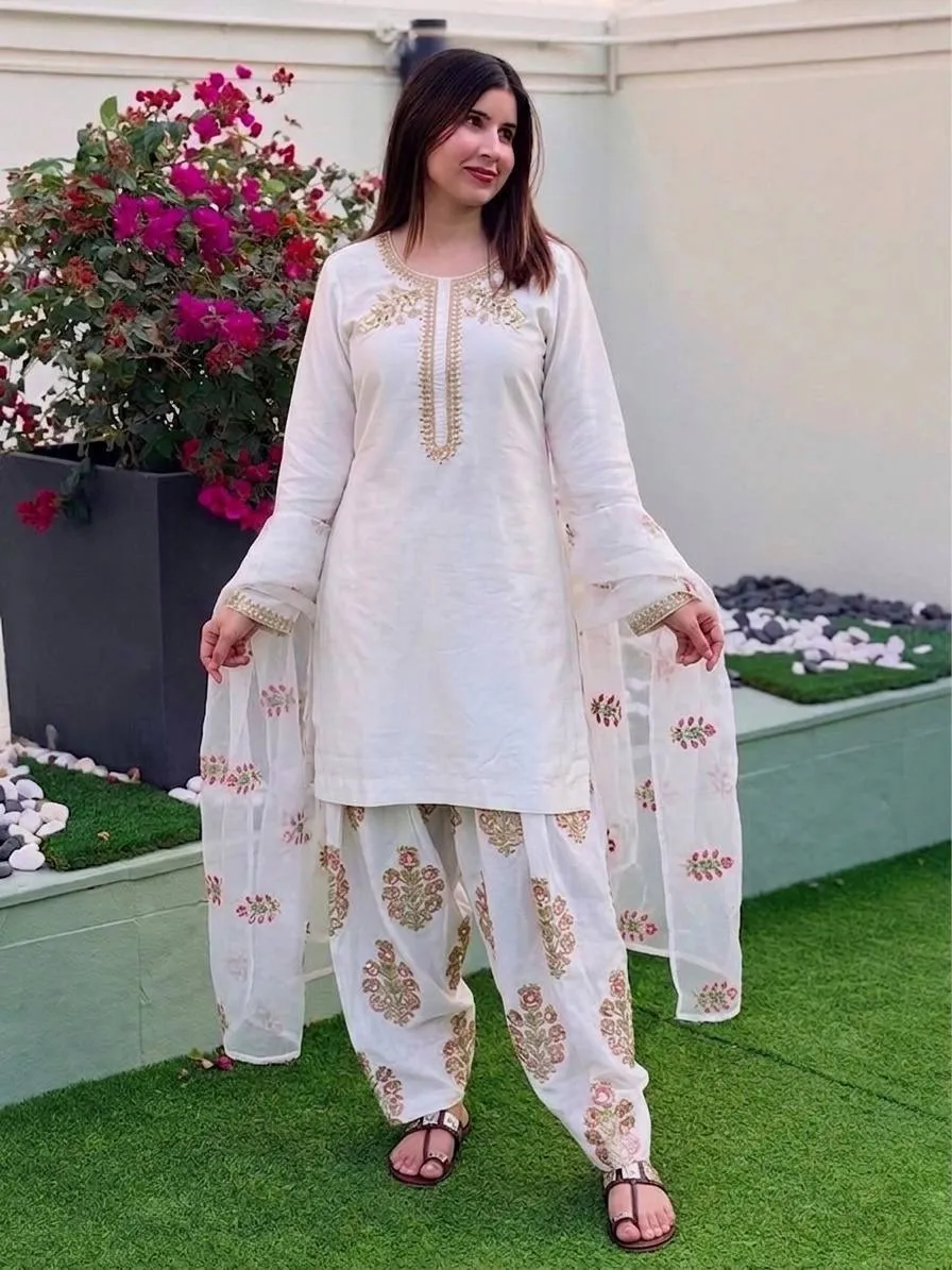 White Farsi Salwar Suit with Multi Color Embroidery - Image 5